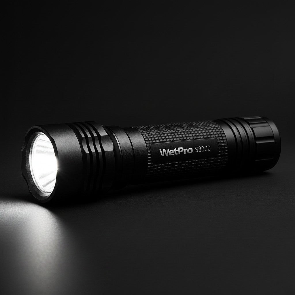 Exquisite Deal Shop WatPro S3000 black aluminum rechargeable LED flashlight with zoom focus and multiple modes.