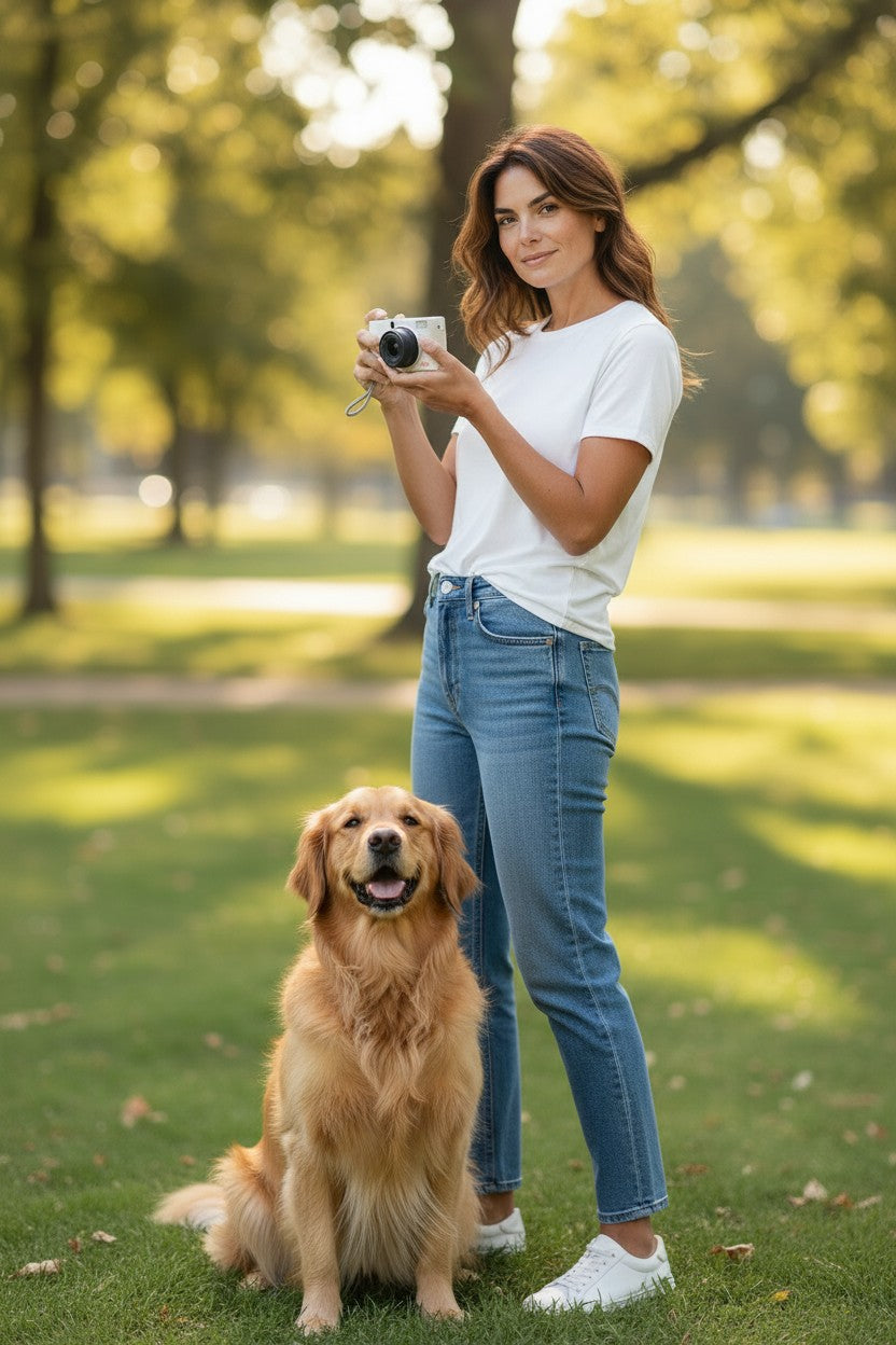 Exquisite Deal Shop man in cream t-shirt and blue jeans holding a white digital camera outdoors.