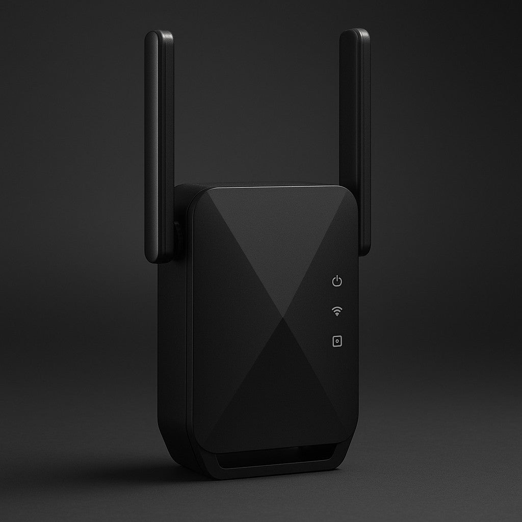 Exquisite Deal Shop black WiFi repeater extender with two antennas and status lights, 300Mbps wireless signal booster.