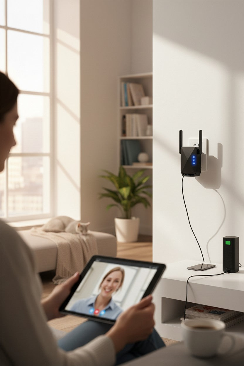 Exquisite Deal Shop black WiFi repeater extender with two antennas and status LEDs. 300Mbps wireless signal booster.