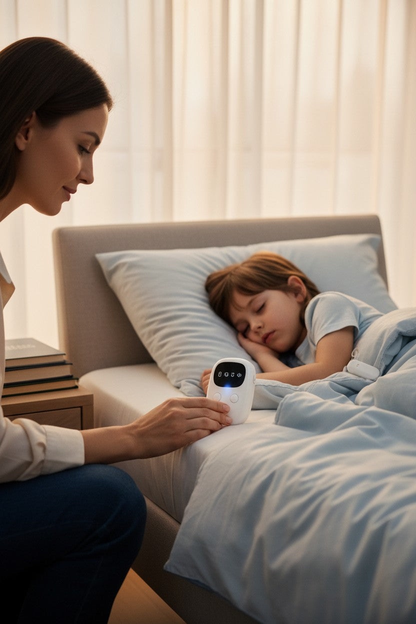 Exquisite Deal Shop Wireless Bedwetting Alarm with waterproof sensor clip and bedside receiver, 7 ringtones, adjustable volume.