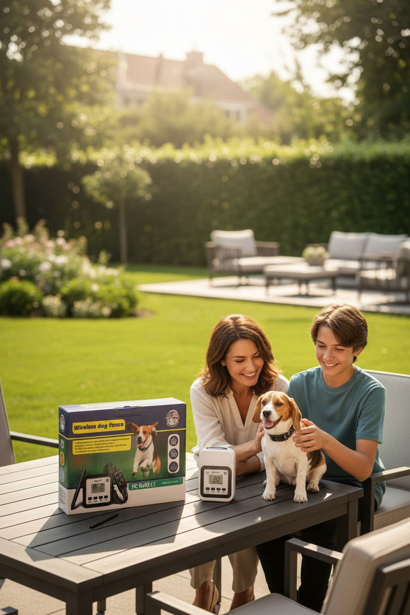 Exquisite Deal Shop wireless dog fence with rechargeable waterproof training collar and transmitter base.