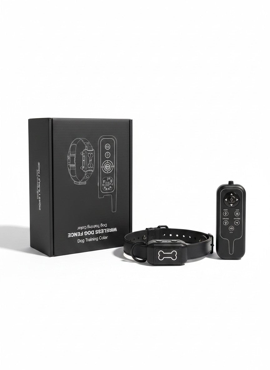 Exquisite Deal Shop wireless dog fence and training collar set with LED remote and bone-icon receiver in black box.