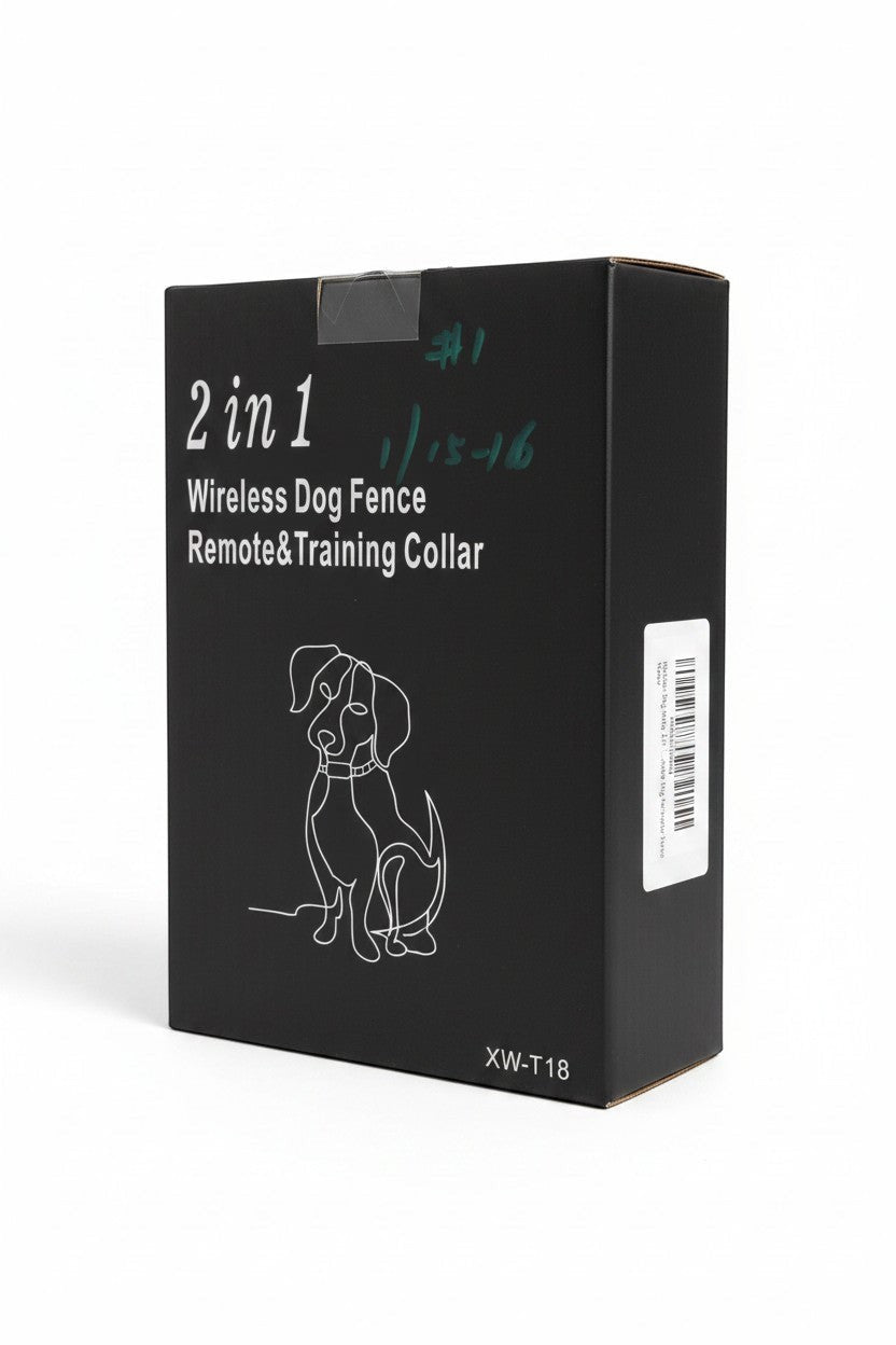 Exquisite Deal Shop 2-in-1 Wireless Dog Fence and Remote Training Collar XW-T18, black box with white line drawing of a dog.