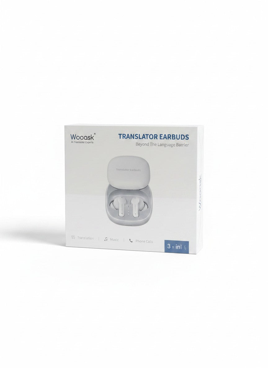 Wooask AI Translator Earbuds Wireless TWS Bluetooth Case with translation, music, and phone call modes.