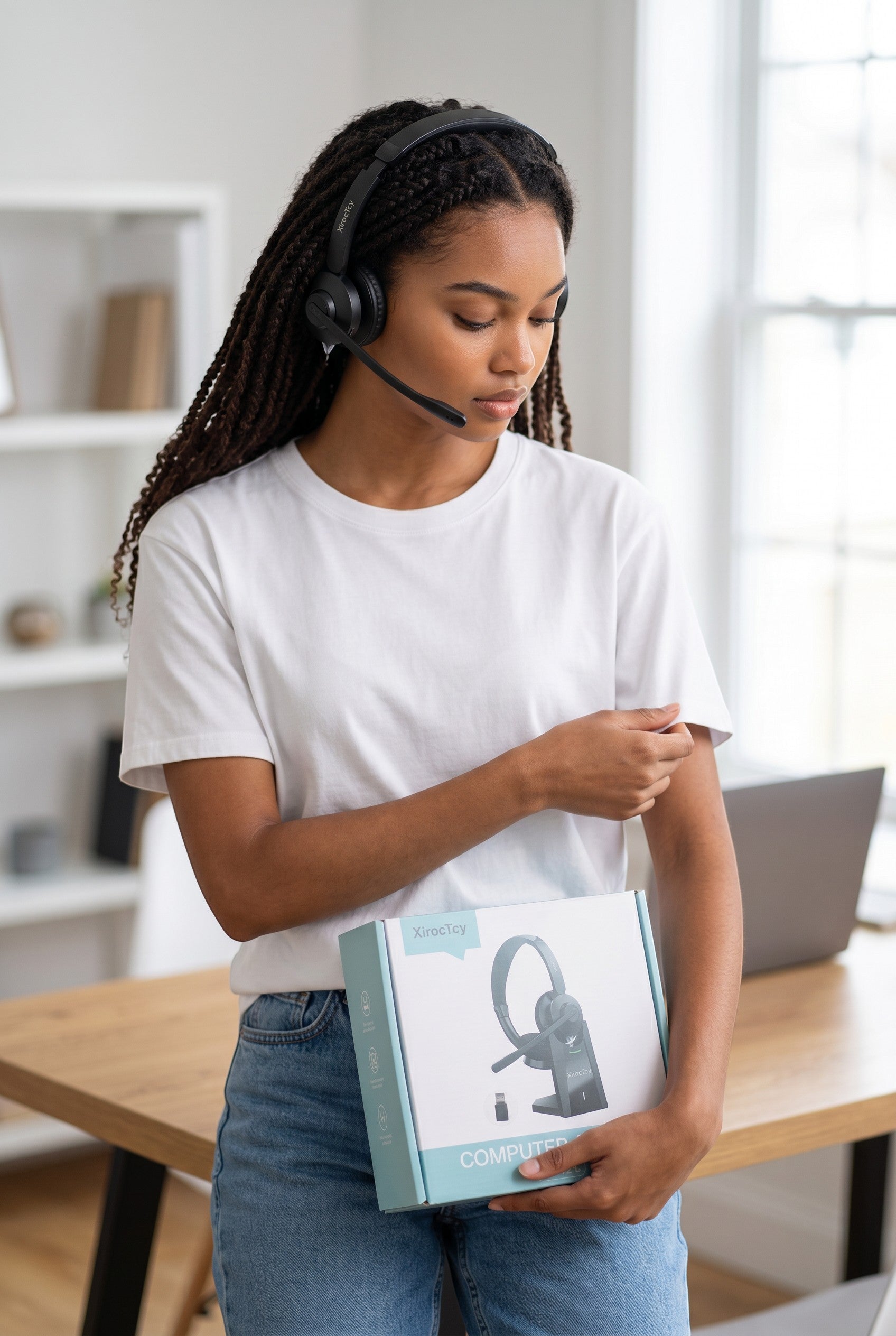 Exquisite Deal Shop XirocTcy XT72-L wireless headset with noise-reducing mic and charging dock, held by a woman.