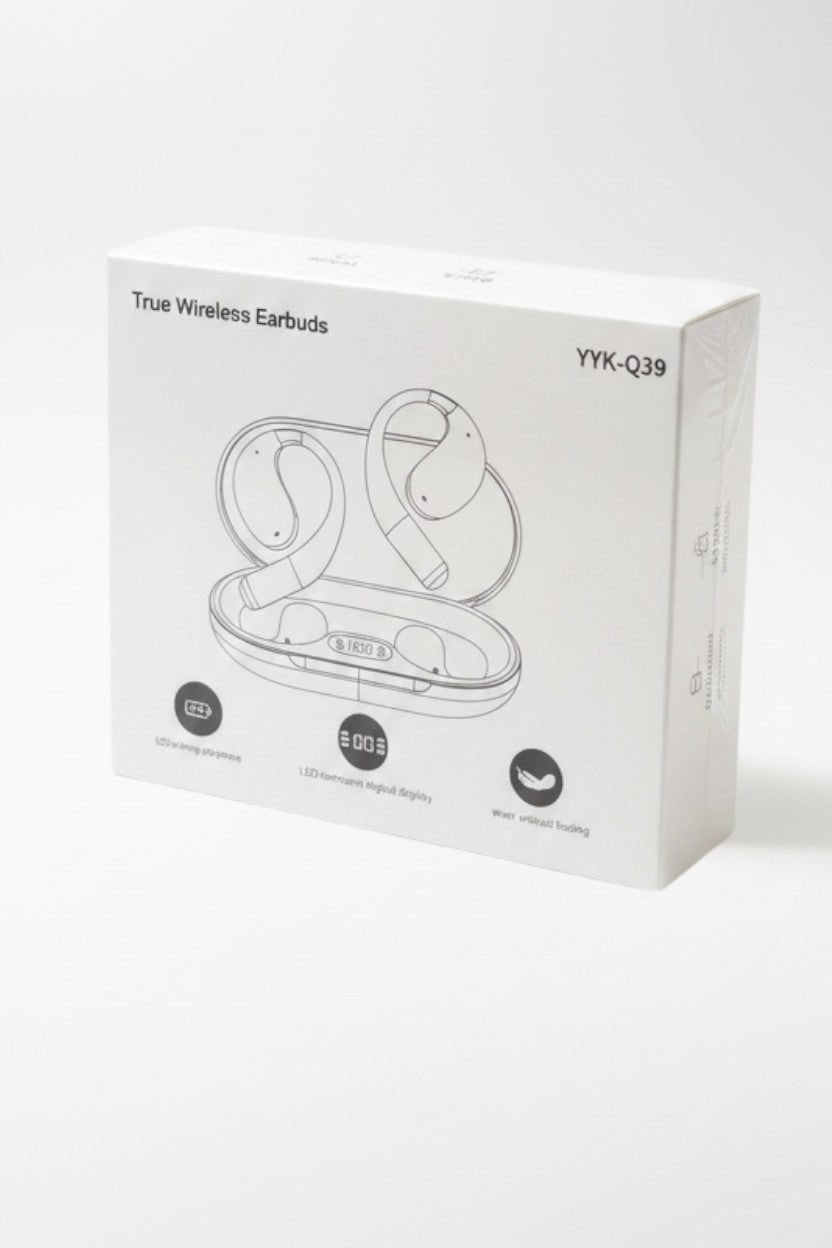 Exquisite Deal Shop YYK-Q39 wireless ear-hook earbuds packaging box with LED display features on white background