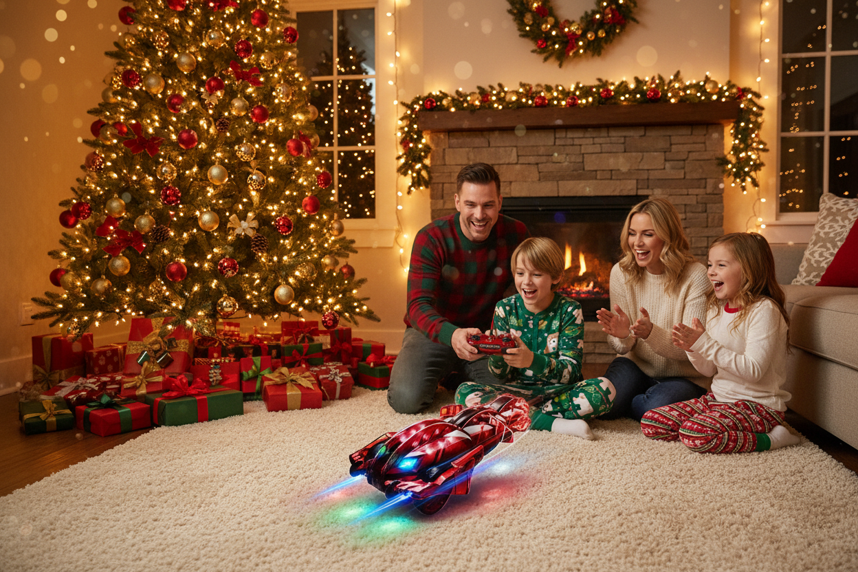 Family enjoying ZeroSect transforming RC car together at Christmas