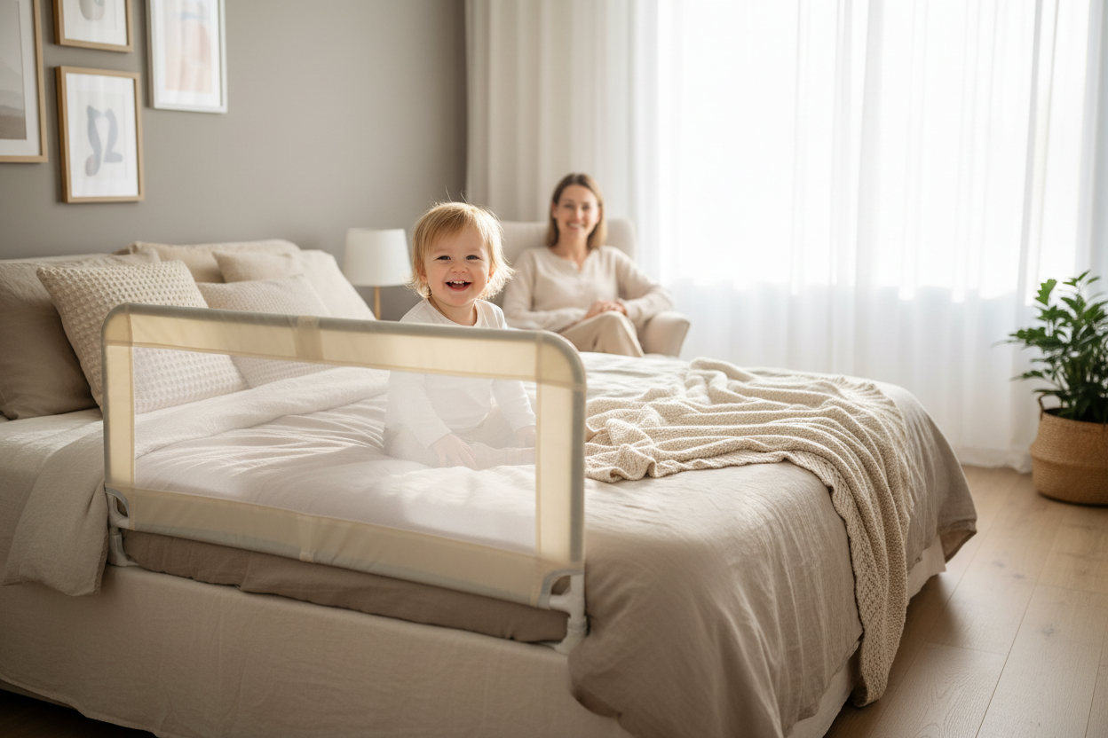 Happy toddler in bed with rail, parent smiling