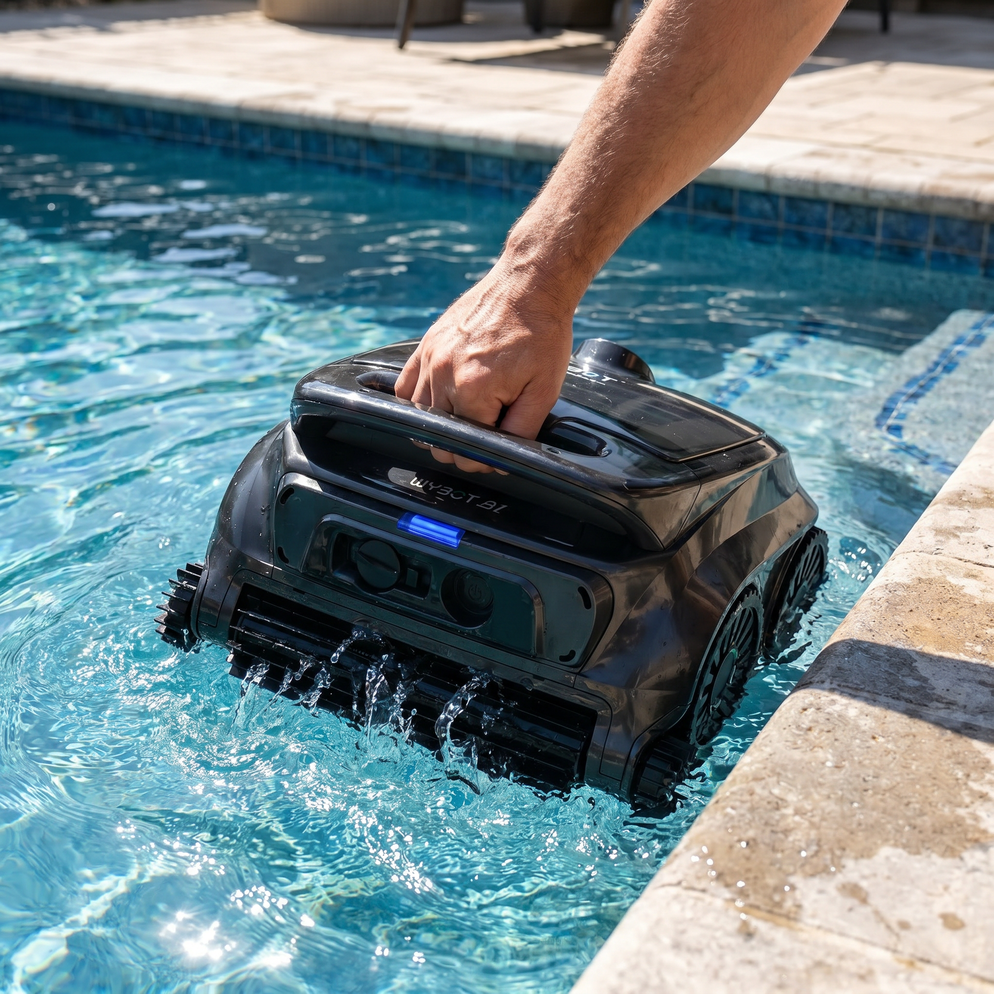 Lowering WYBOT B1 into pool