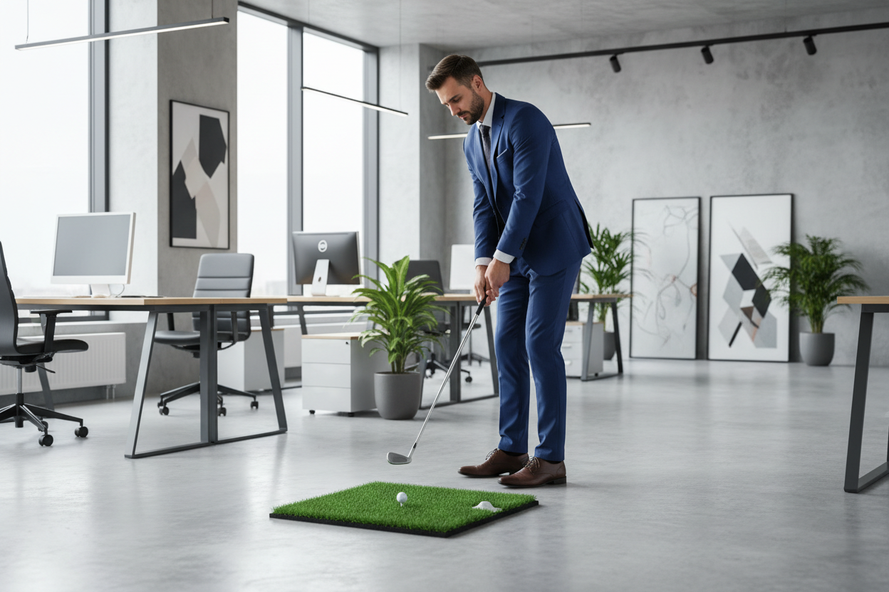 Golf hitting mat in office — quick practice swing during work break