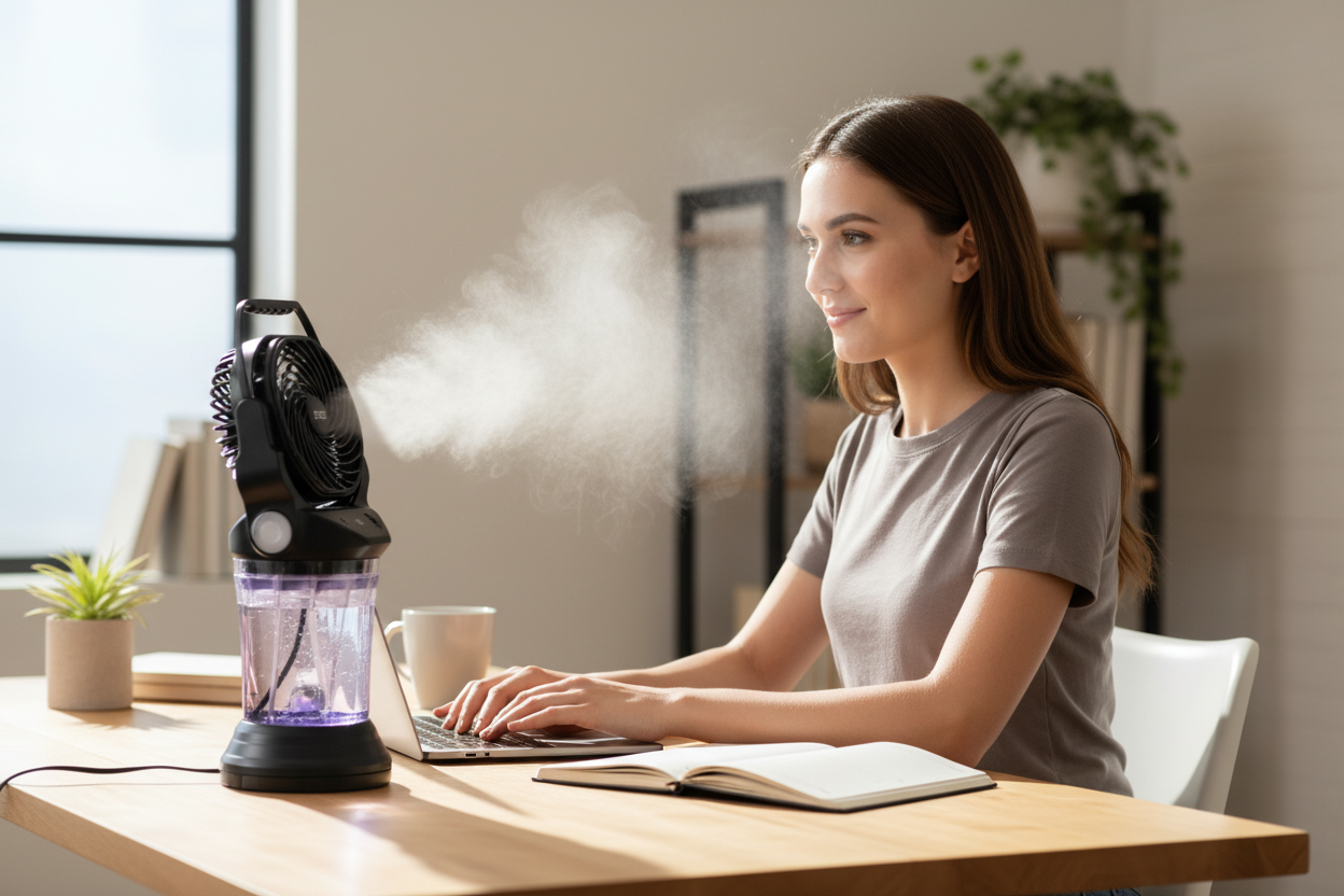 Portable misting fan on desk in home office