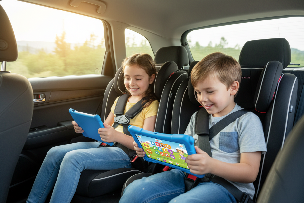 Kids Using Tablet on Road Trip