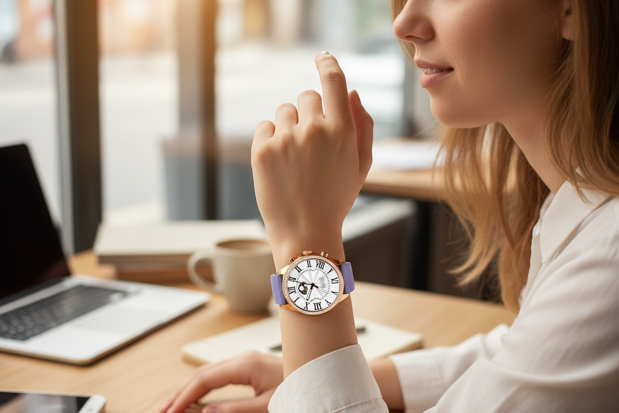 Ladies Watch in Casual Coffee Shop Setting