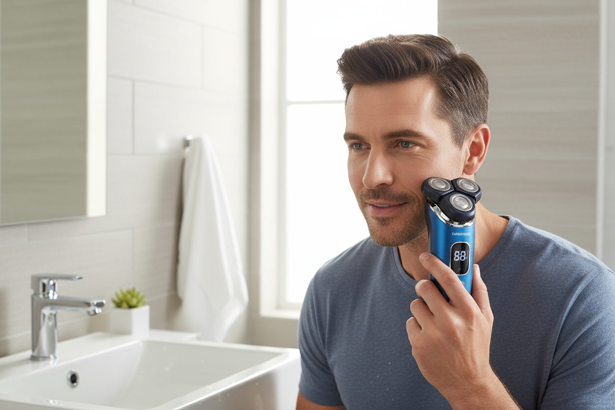 Man Using DAMONING Shaver in Bathroom