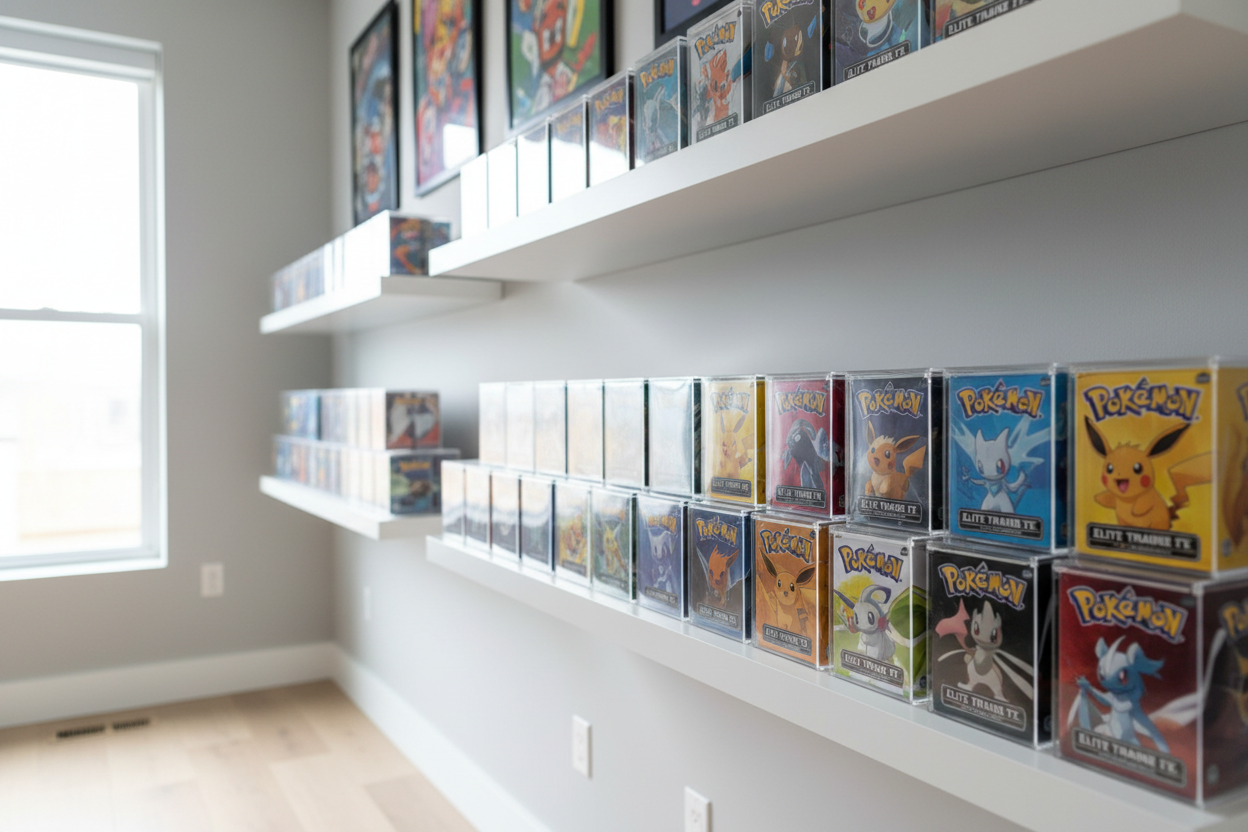 Organized shelf display with ETB protector cases