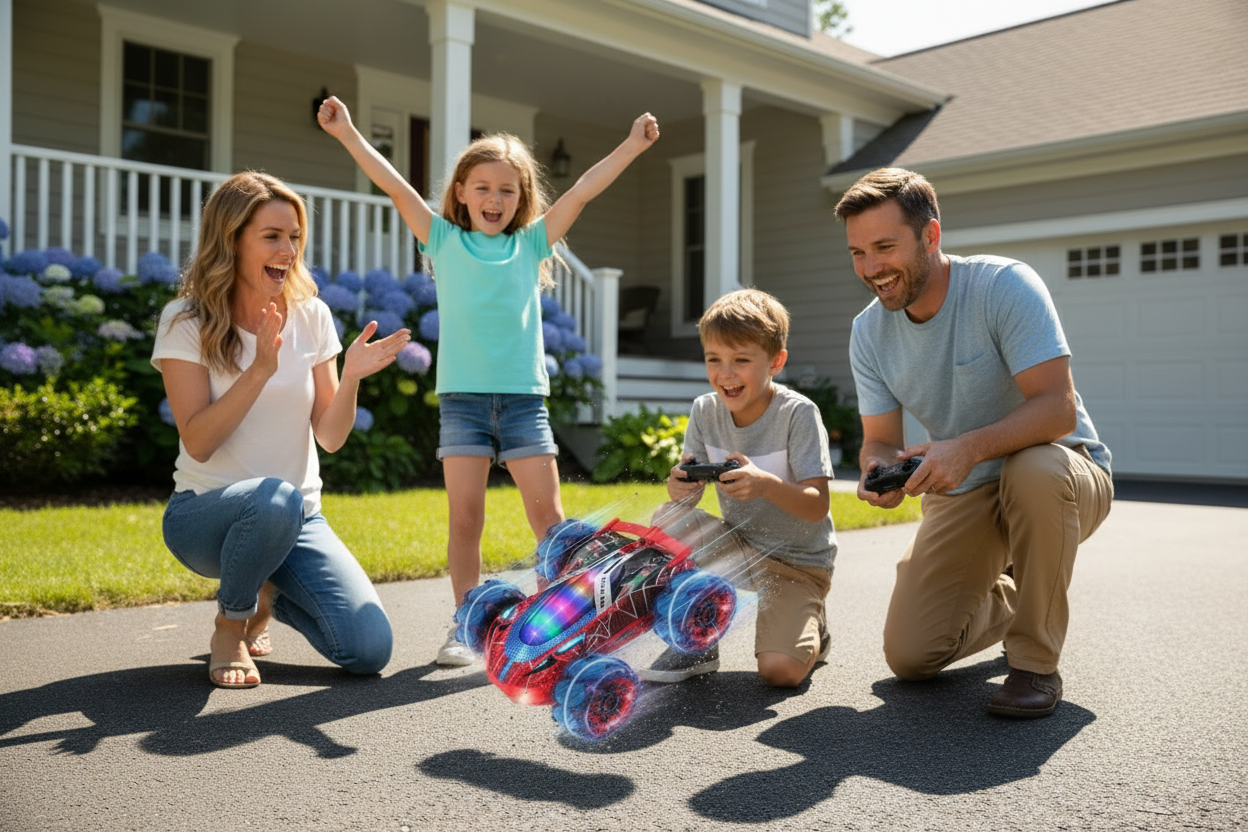 Parents and kids playing together with Stunt Spray RC car