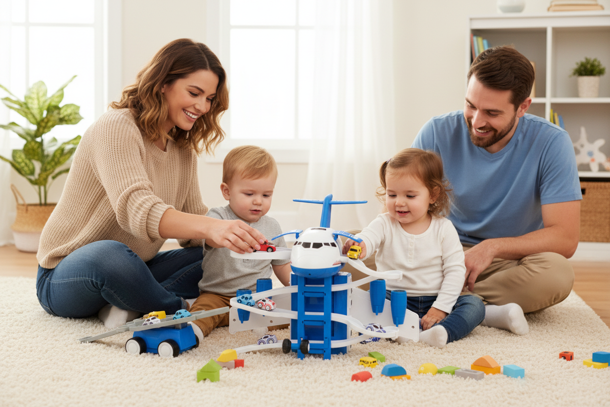 Parents and toddlers playing together with Conveyor Plane toy