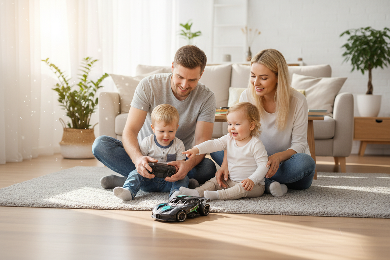 Parents and toddlers playing with R/C racing car together