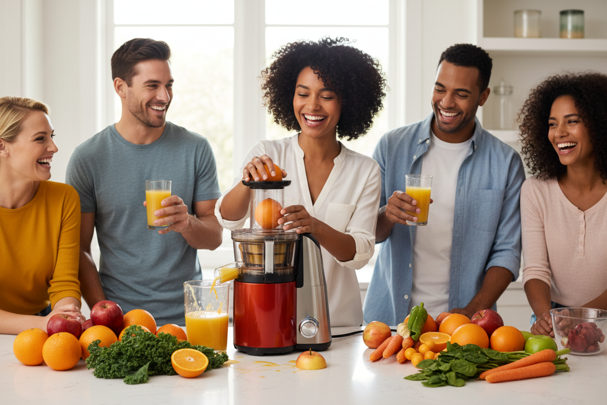 People using orange-red centrifugal juicer in kitchen