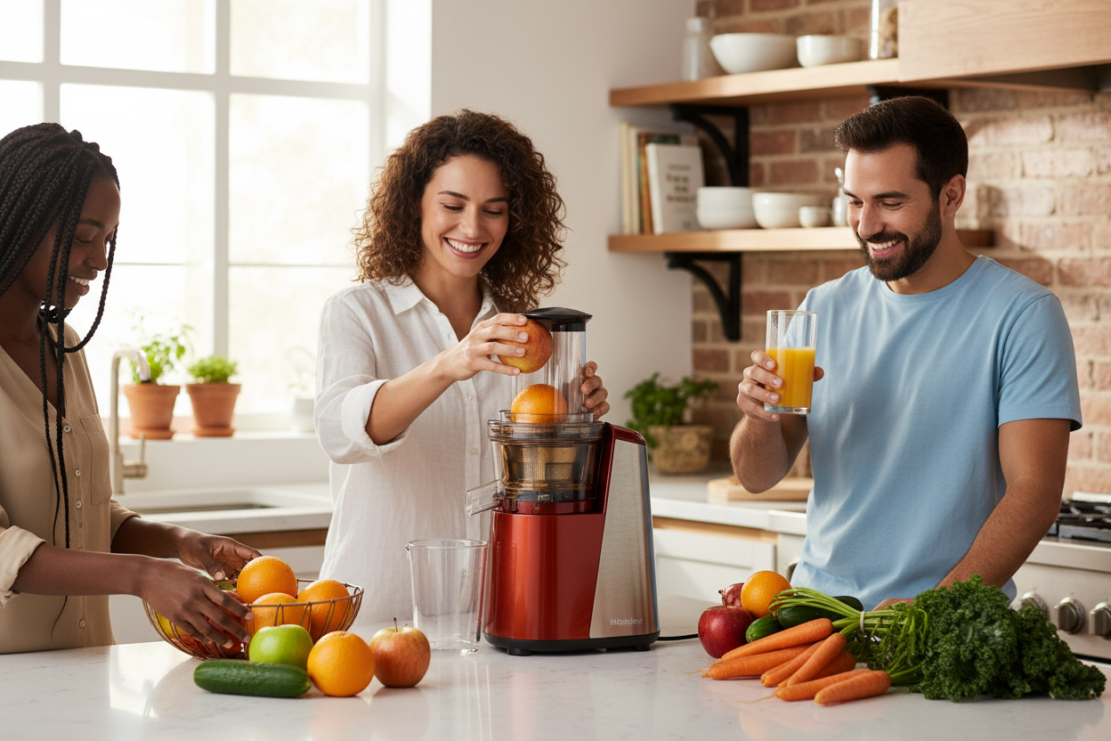 People using reddish-orange centrifugal juicer in kitchen