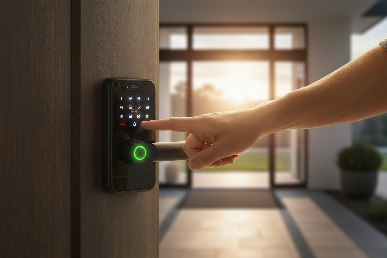 Person entering passcode on smart door lock keypad
