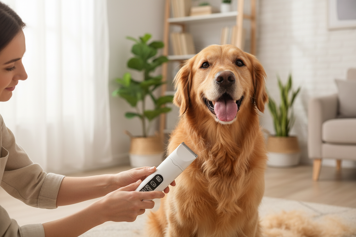 Person grooming dog with pet trimmer at home
