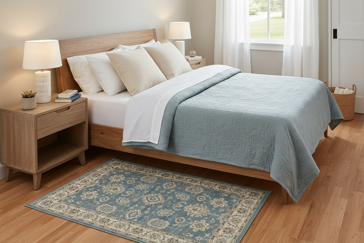 Powder blue rug beside bed