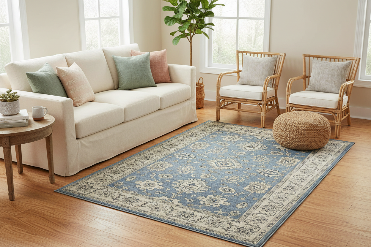 Powder blue rug in living room