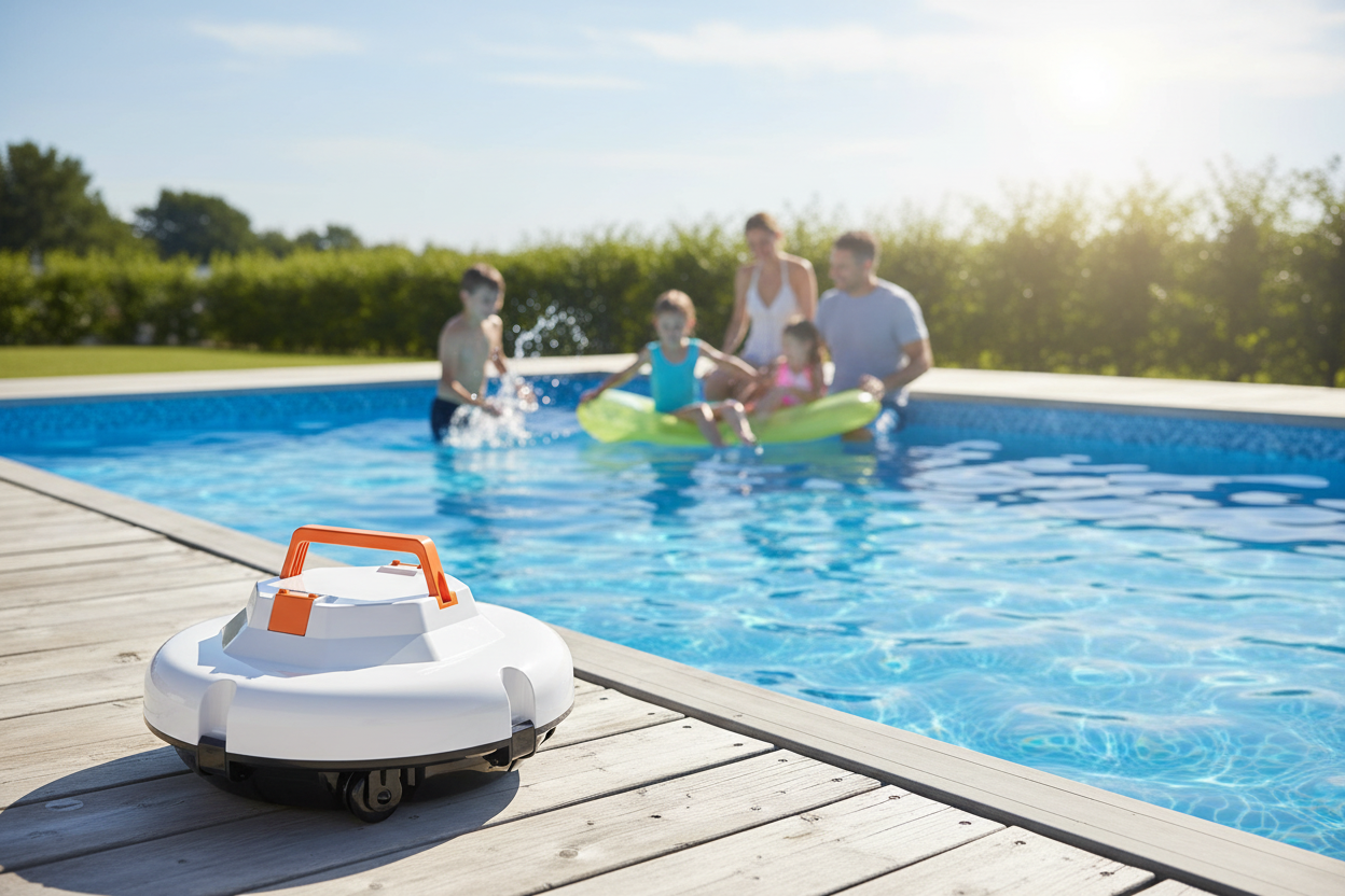 Robotic Pool Cleaner on Deck with Family