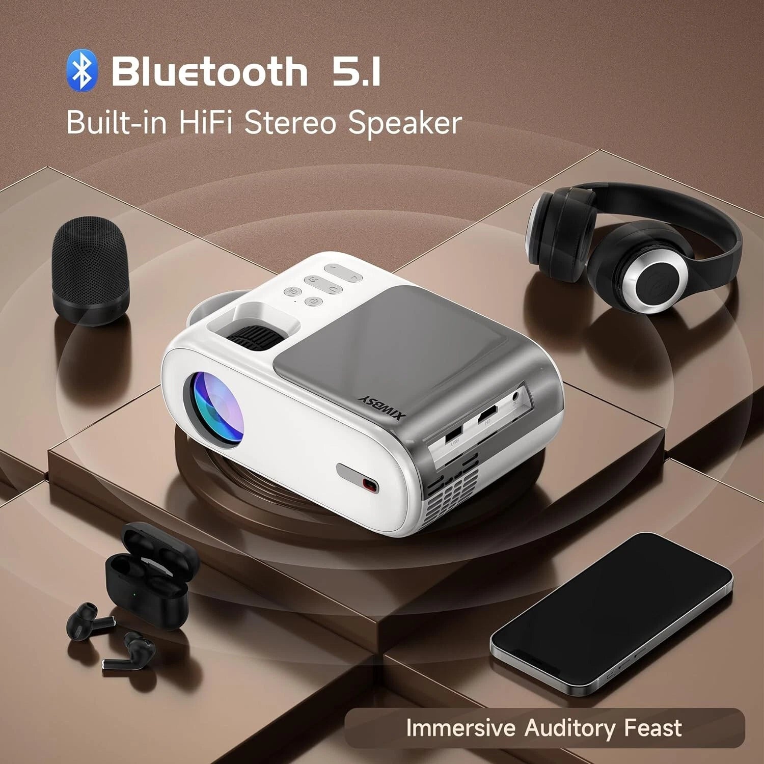 XIWBSY Mini Projector 5G WiFi Portable Projector with Bluetooth Keystone
