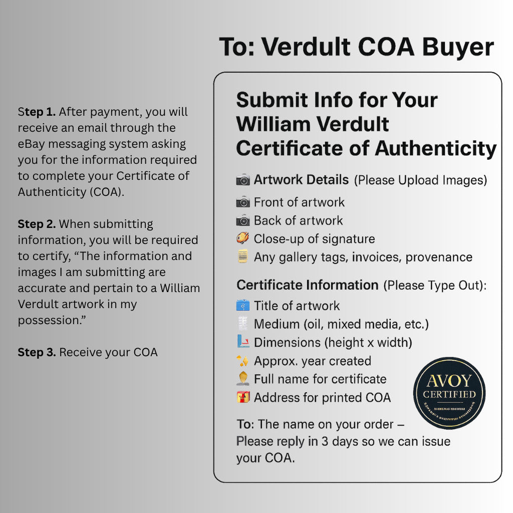 Official William Verdult COA | Blockchain Authenticated | Verisart + Mailed Cert