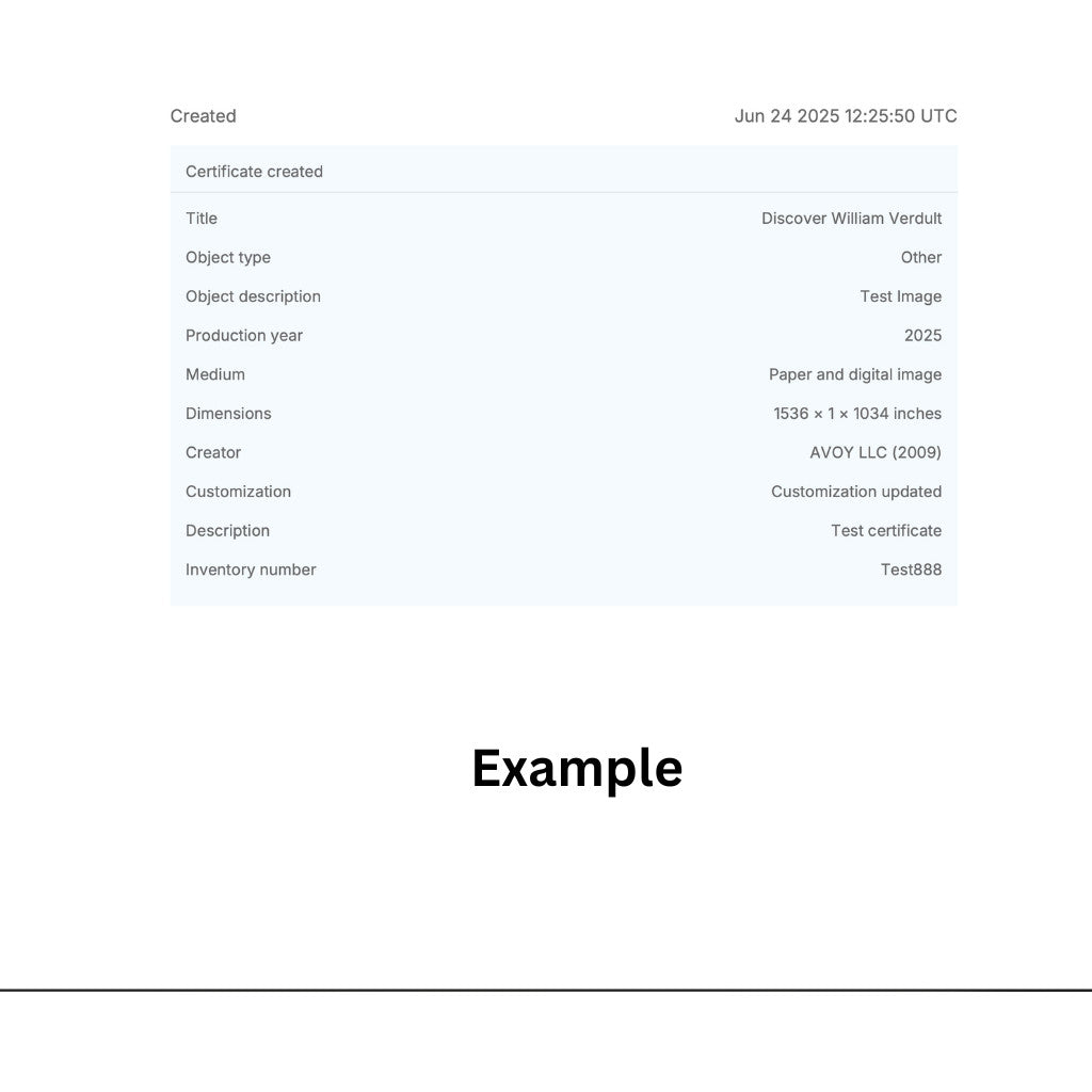 Official William Verdult COA | Blockchain Authenticated | Verisart + Mailed Cert