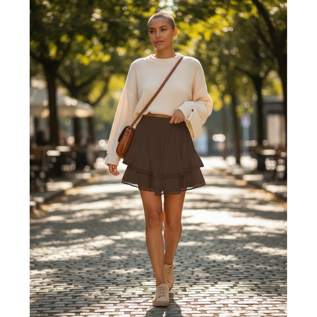 Women's Flowy Shorts - High Waist Lace Trim Boho Skorts with Tiered Ruffle