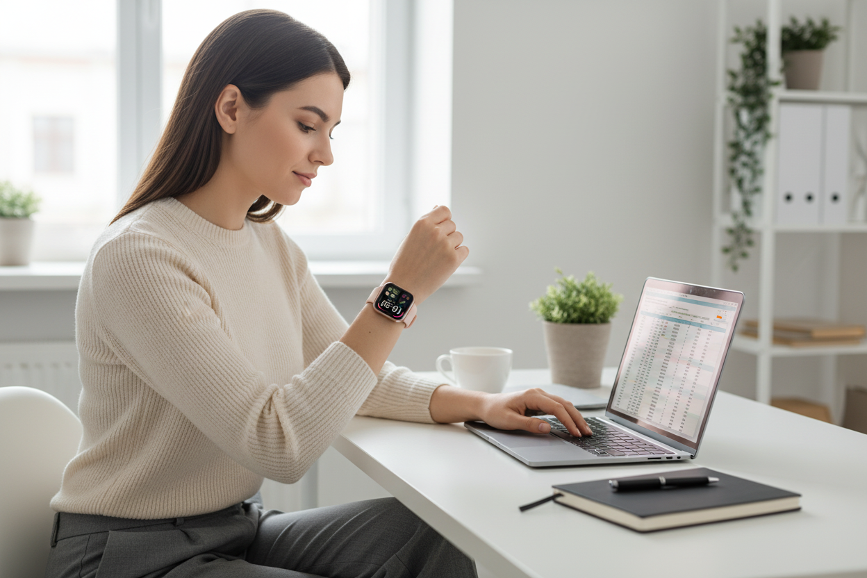 Woman at Office Wearing Pink Smart Watch