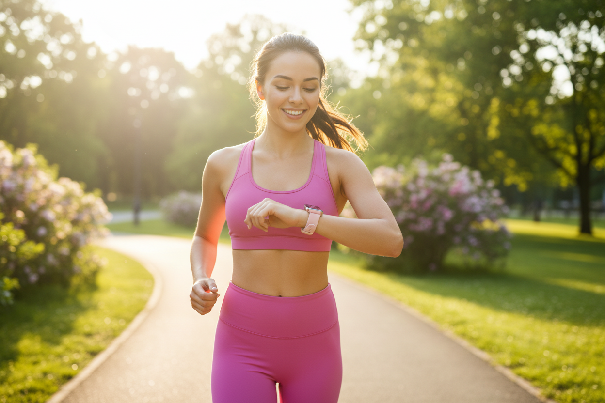 Woman Jogging with Pink Smart Watch