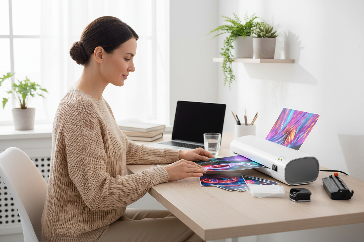 Woman using laminating machine in home office