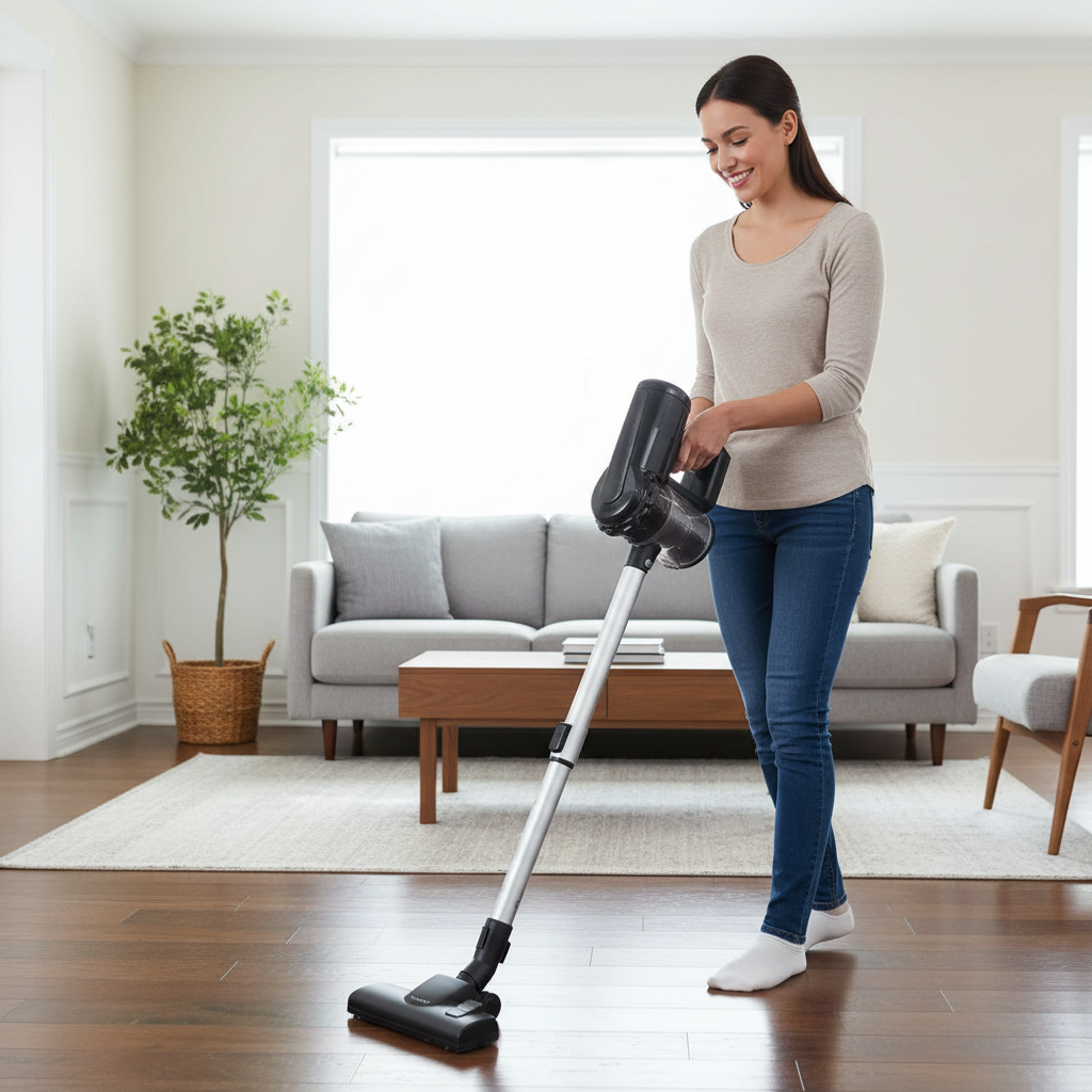 Woman using XCG-103 vacuum in stick mode on living room floor
